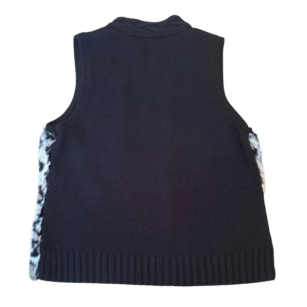 Chico's Faux Fur Vest Womens 2 Black Leopard‎ Print Excellent Knit Open Front